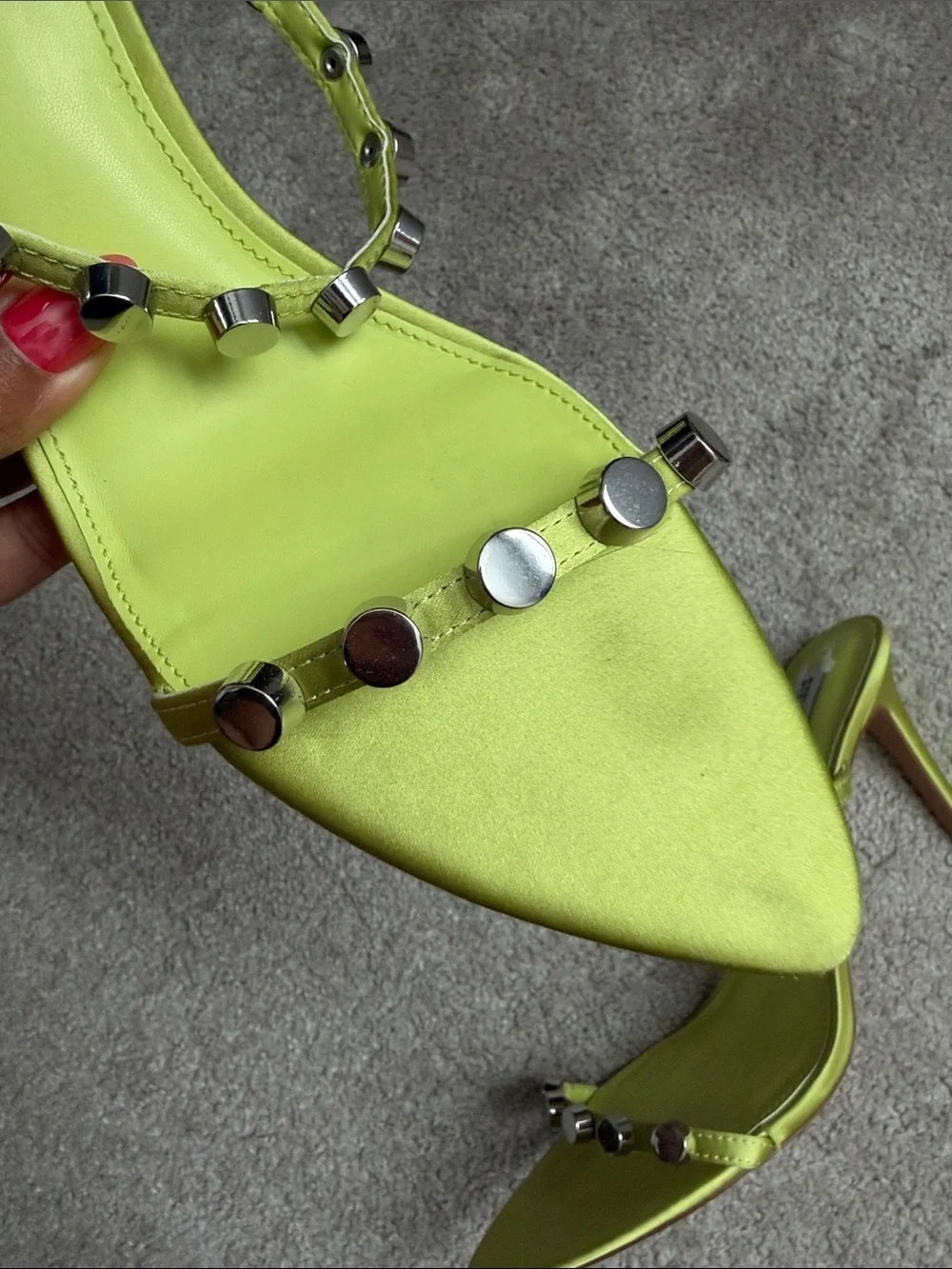 Steve Madden Dorina Satin Studded Heels Citron Neon Lime Green Size 9.5